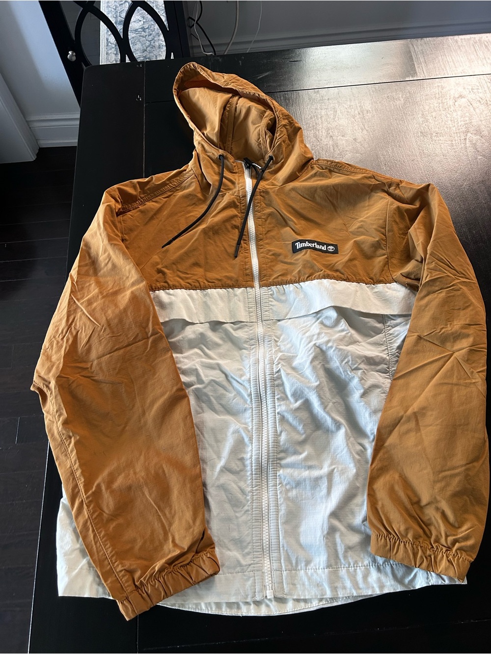 Timberland Two-Tone Hooded Windbreaker Jacket in Tan and White
